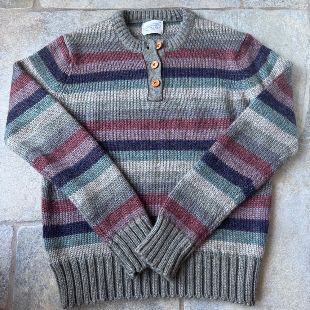 Vintage 80s Northern Isles Wool Blend Henley Sweater Gray Striped Knit Grandpa